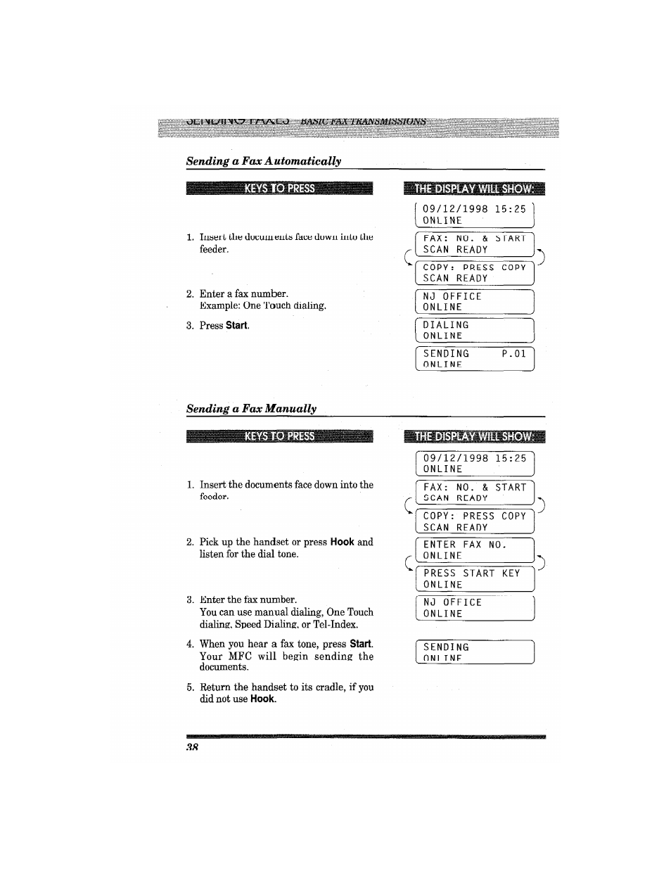 Keys to press, Insert the documents face down into the, Pick up the handset or press | Brother MFC4550 PLUS User Manual | Page 50 / 206