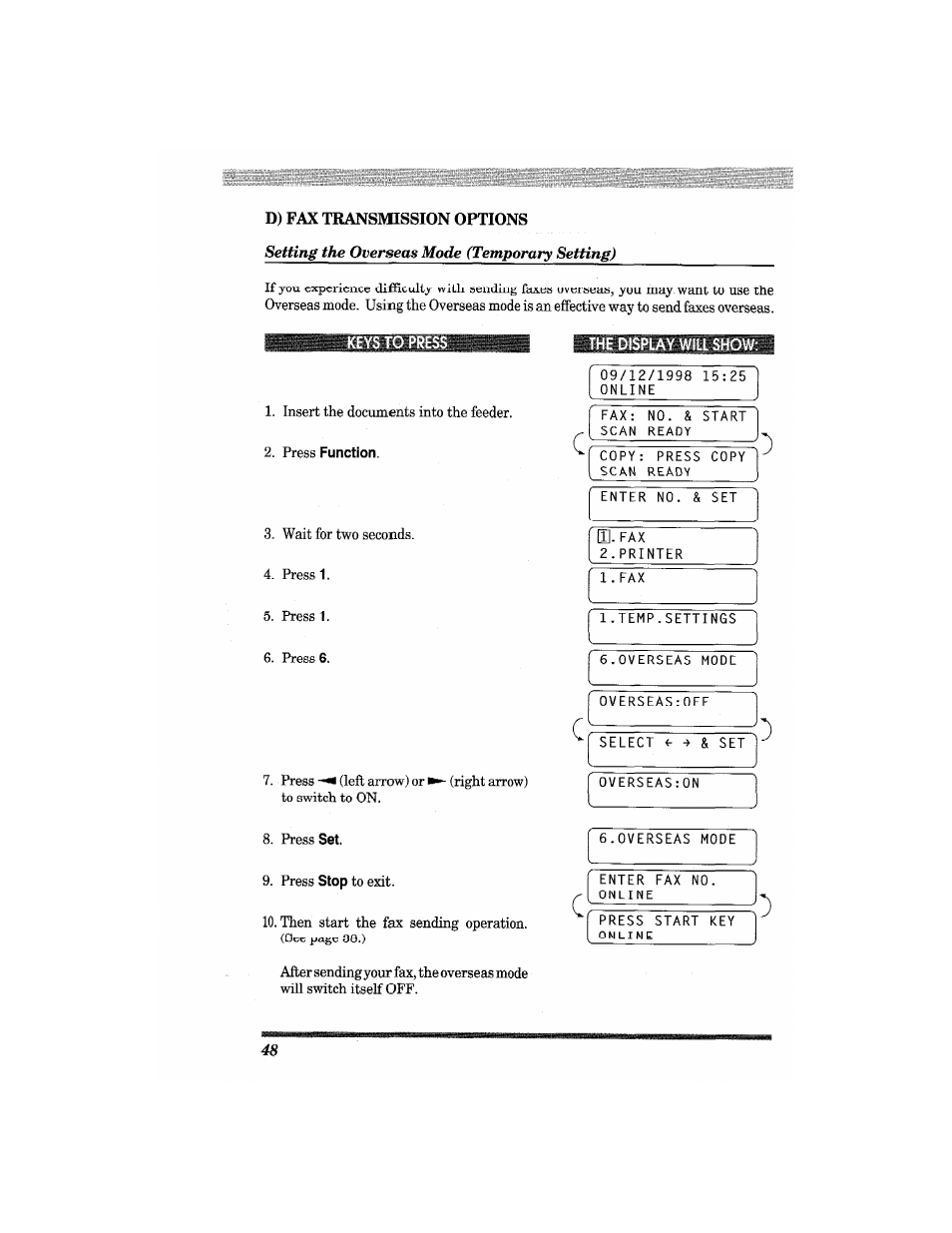 D) fax transmission options, Overseas mode. using the overseas mode is, Press | Brother MFC4550 PLUS User Manual | Page 60 / 206