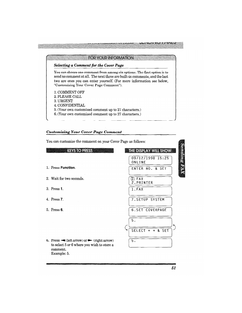 Keys to press, Press function, Press | Wait for two seconds. 3. press 1. 4. press | Brother MFC4550 PLUS User Manual | Page 63 / 206