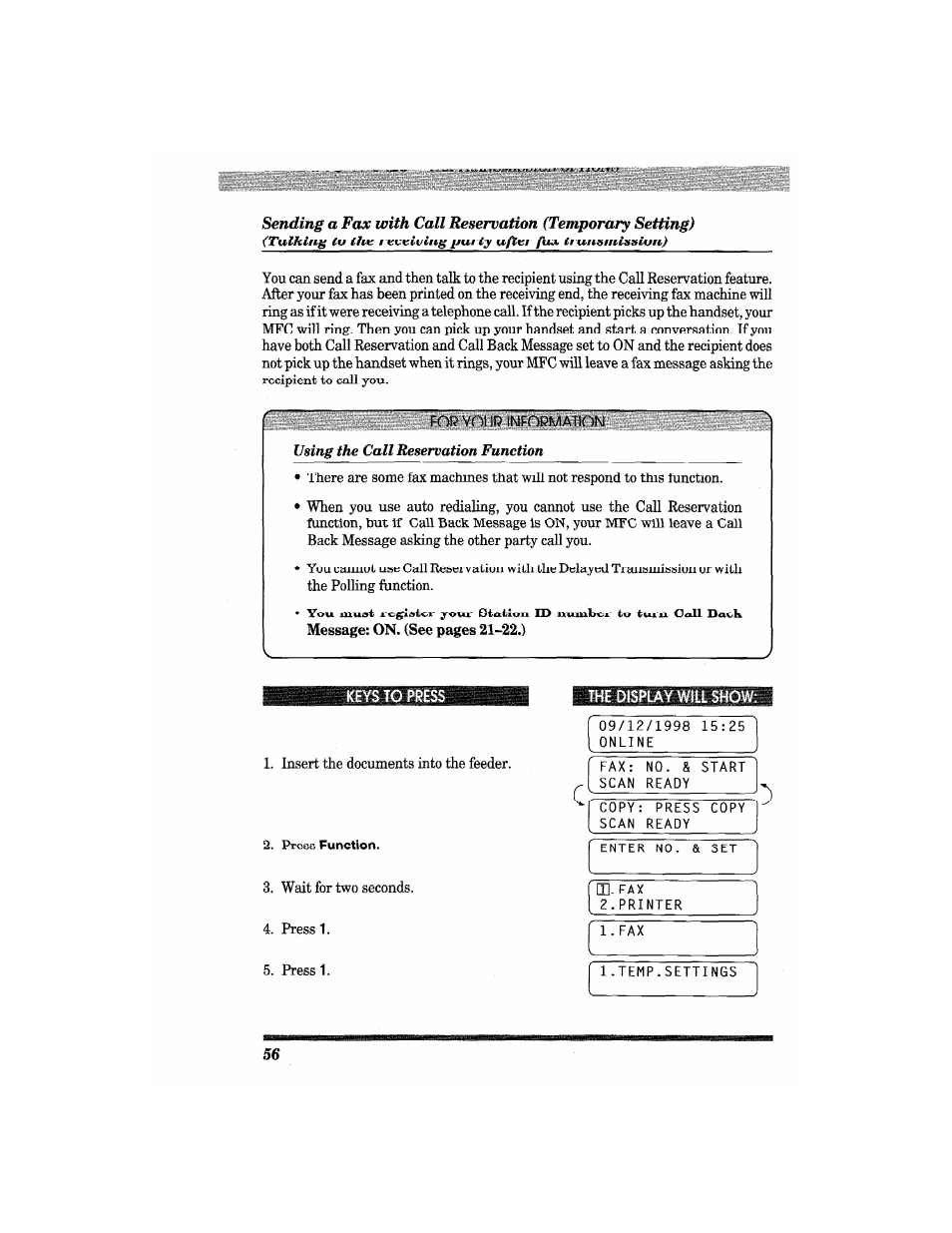 The display will show, The polling function, Insert the documents into the feeder | Wait for two seconds. 4. press 1. 5. press 1 | Brother MFC4550 PLUS User Manual | Page 68 / 206