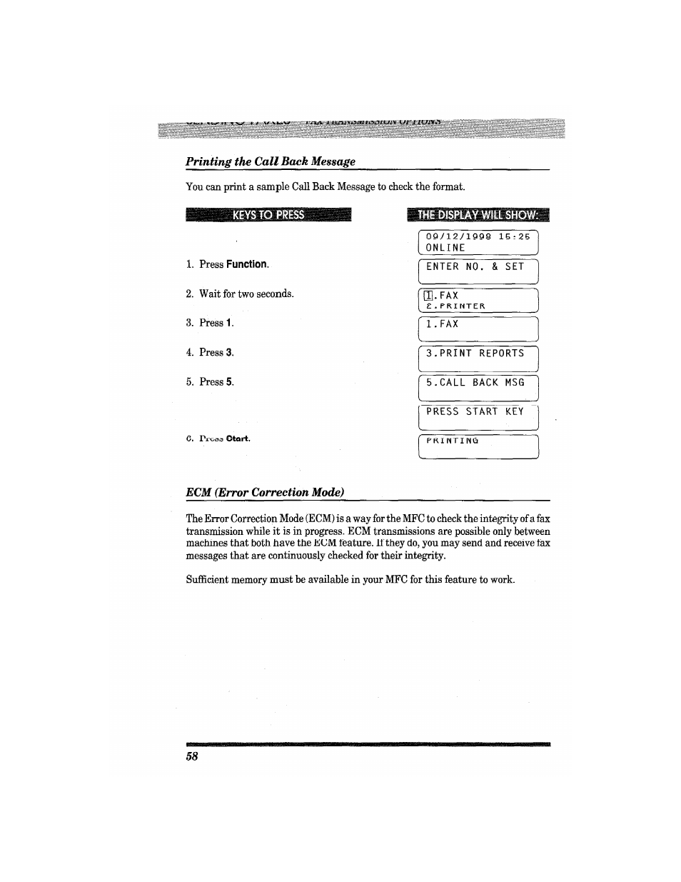 Printing the call back message, Ecm (error correction mode), Press | Wait for two seconds | Brother MFC4550 PLUS User Manual | Page 70 / 206