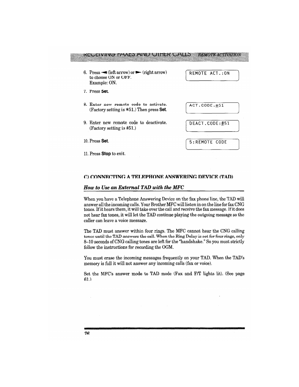 C) connecting a telephone answering device (tad) | Brother MFC4550 PLUS User Manual | Page 88 / 206