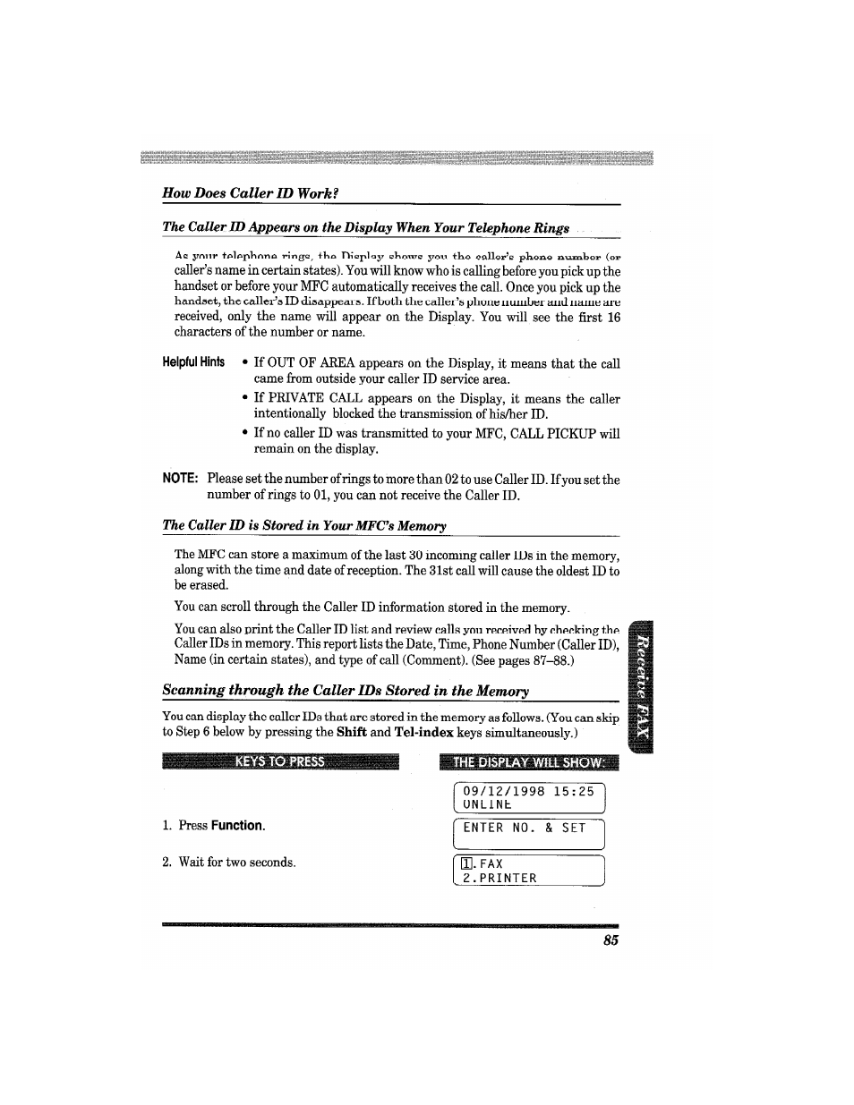 The display will show, Press function, How does caller id work | Brother MFC4550 PLUS User Manual | Page 97 / 206