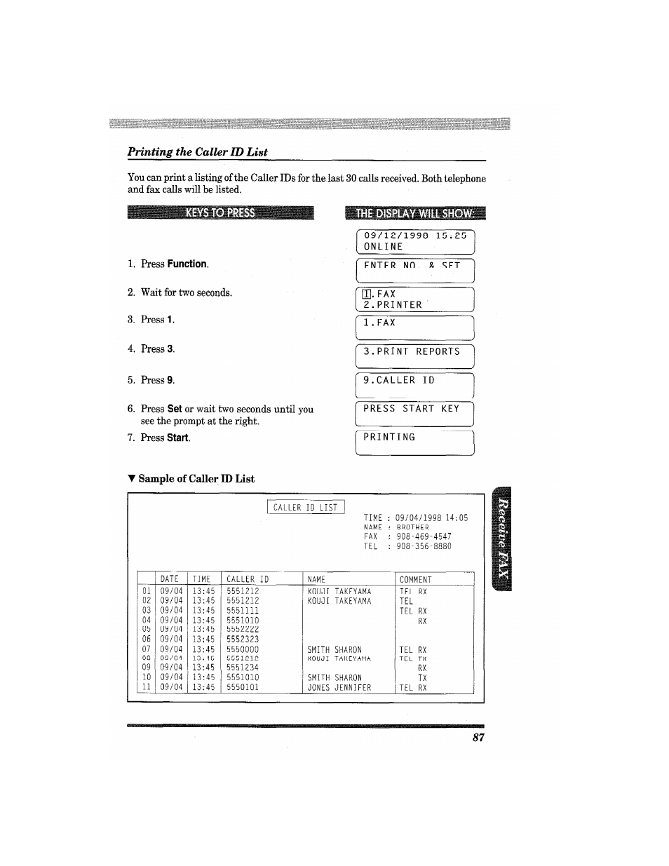 Press function, The display will show, Printing the caller id list | Brother MFC4550 PLUS User Manual | Page 99 / 206