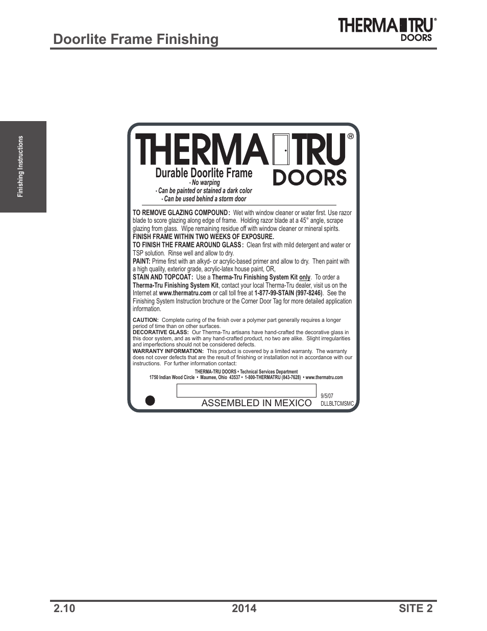 Doorlite frame finishing, Durable doorlite frame, Assembled in mexico | Therma-Tru Doors Finishing Instructions User Manual | Page 10 / 14