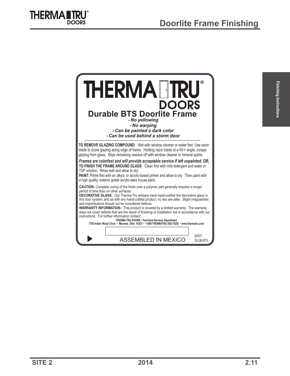 Doorlite frame finishing, Durable bts doorlite frame, Assembled in mexico | Therma-Tru Doors Finishing Instructions User Manual | Page 11 / 14