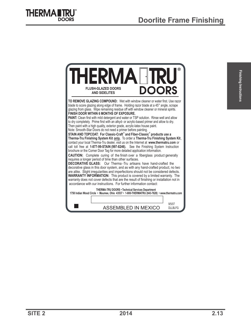 Doorlite frame finishing, Assembled in mexico | Therma-Tru Doors Finishing Instructions User Manual | Page 13 / 14