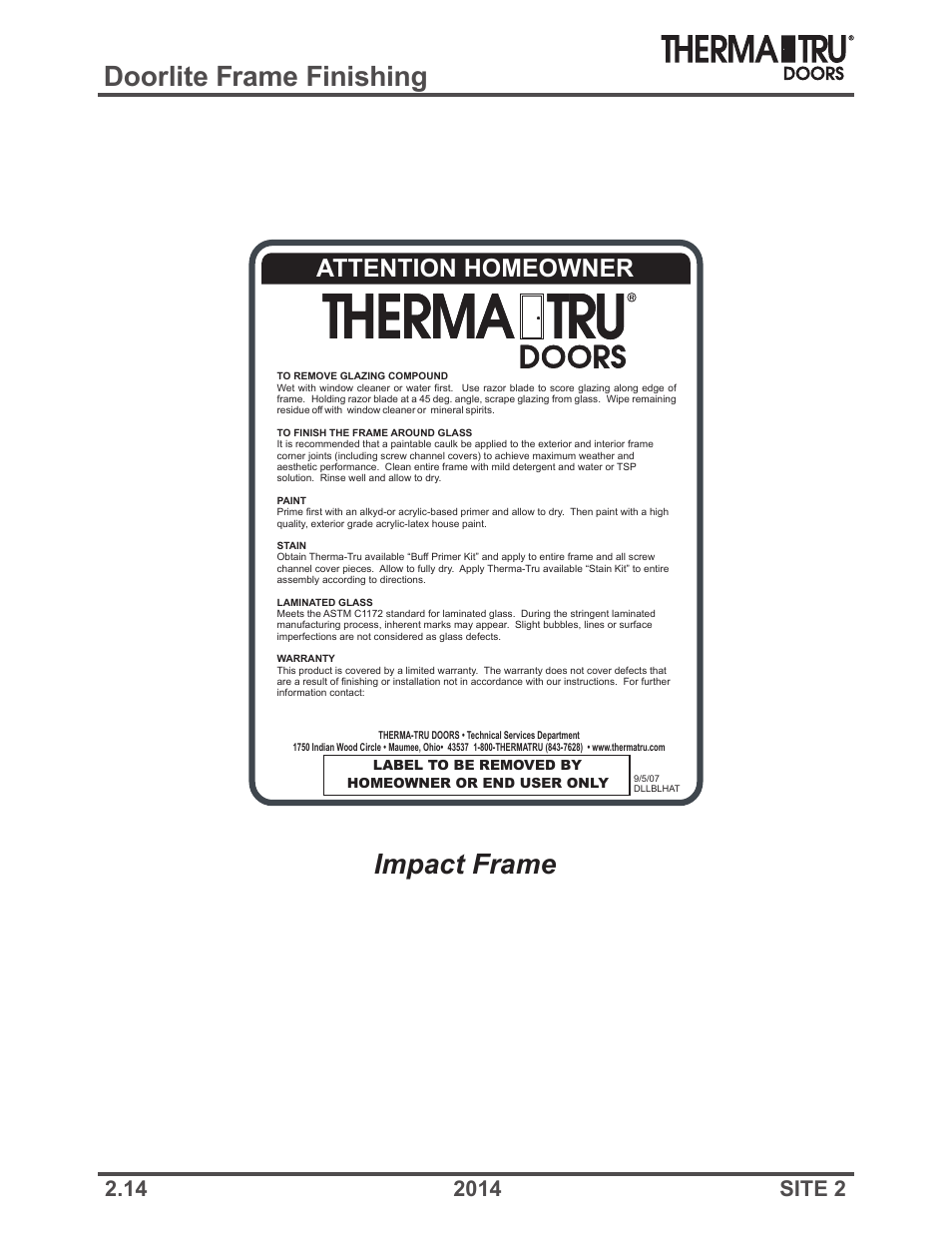 Doorlite frame finishing, Impact frame, Attention homeowner | Therma-Tru Doors Finishing Instructions User Manual | Page 14 / 14