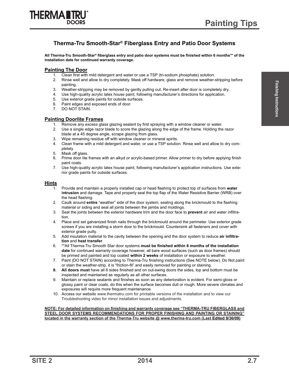 Painting tips, Therma-tru smooth-star, Fiberglass entry and patio door systems | Therma-Tru Doors Finishing Instructions User Manual | Page 7 / 14