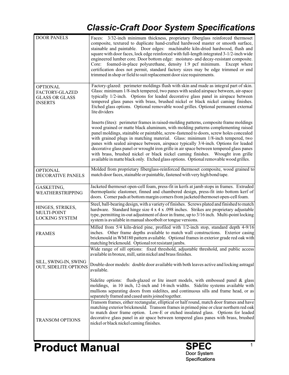 Therma-Tru Door System Specifications User Manual | 5 pages