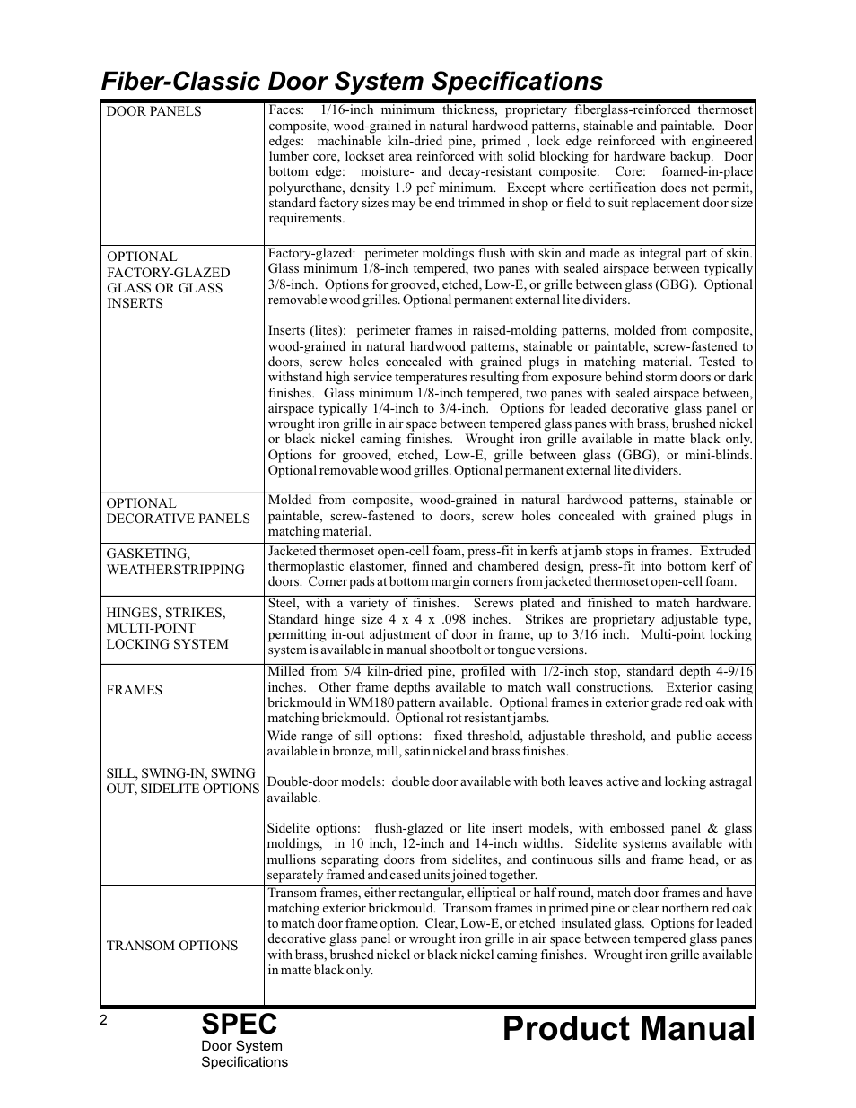 Product manual, Spec, Fiber-classic door system specifications | Therma-Tru Door System Specifications User Manual | Page 2 / 5