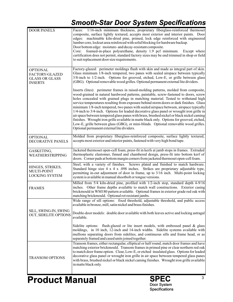 Product manual, Spec, Smooth-star door system specifications | Therma-Tru Door System Specifications User Manual | Page 3 / 5