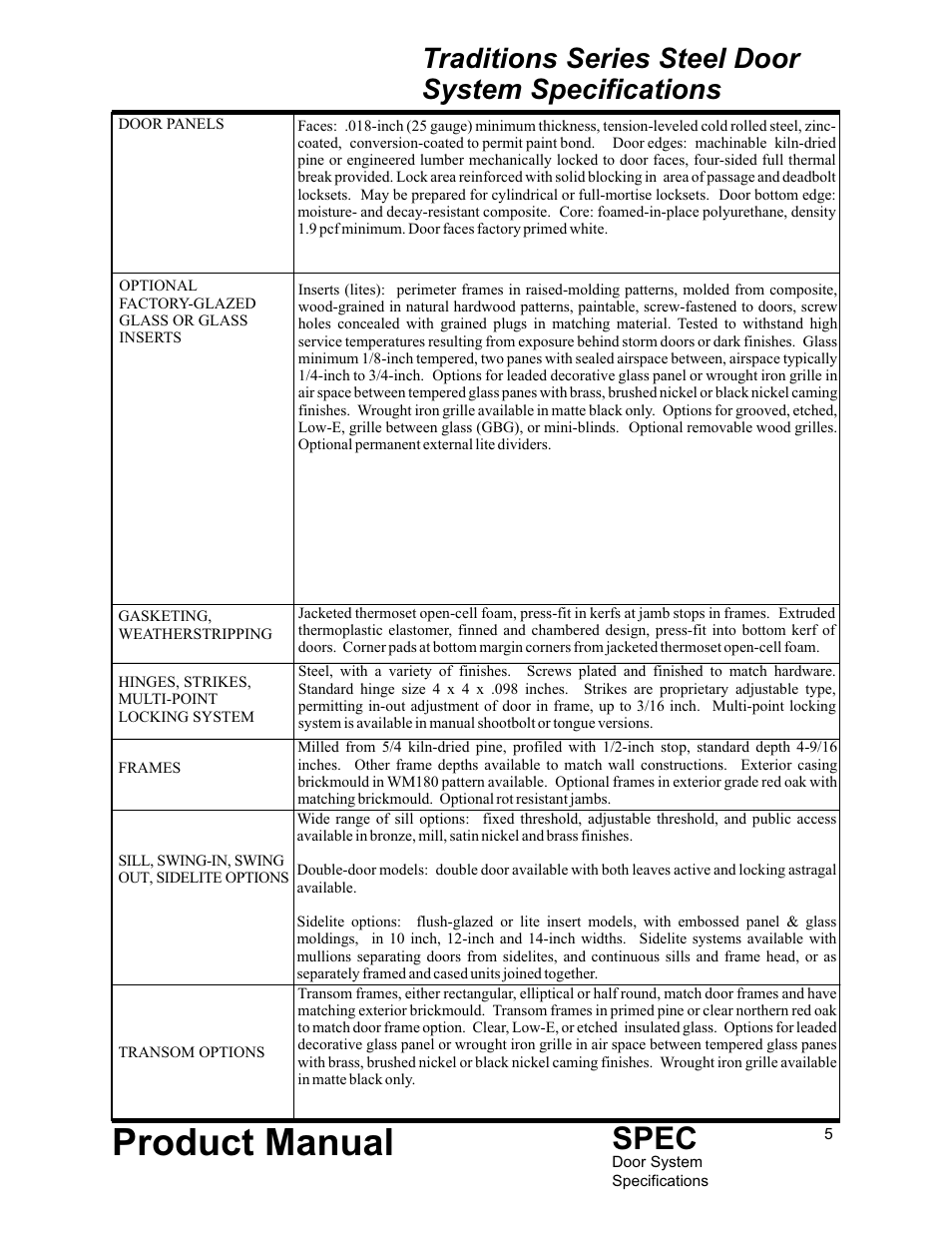 Product manual, Spec, Traditions series steel door system specifications | Therma-Tru Door System Specifications User Manual | Page 5 / 5