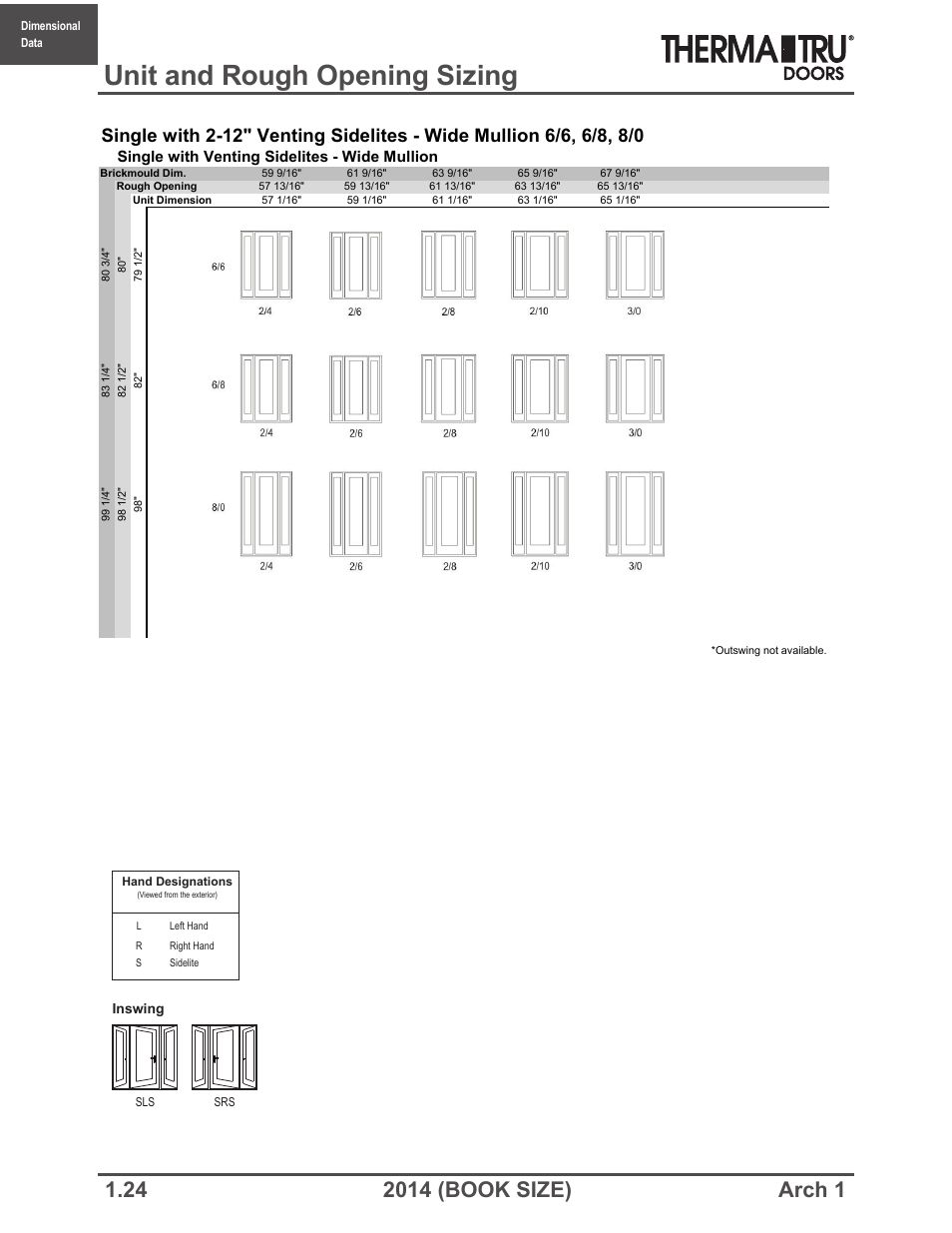 Unit and rough opening sizing, Single with venting sidelites - wide mullion | Therma-Tru ARCH 1 Dimensional Data - Book Size User Manual | Page 24 / 76