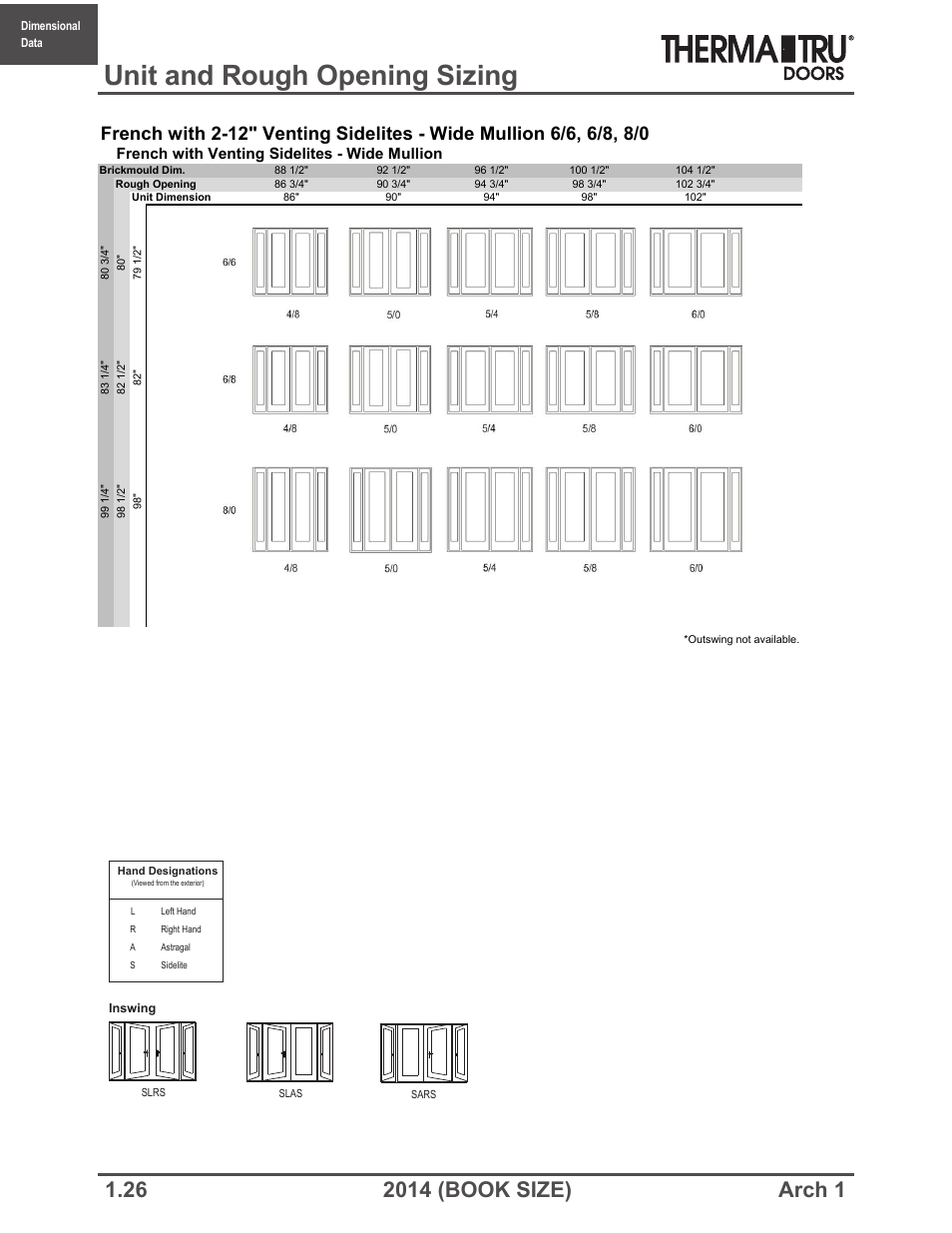 Unit and rough opening sizing, French with venting sidelites - wide mullion | Therma-Tru ARCH 1 Dimensional Data - Book Size User Manual | Page 26 / 76