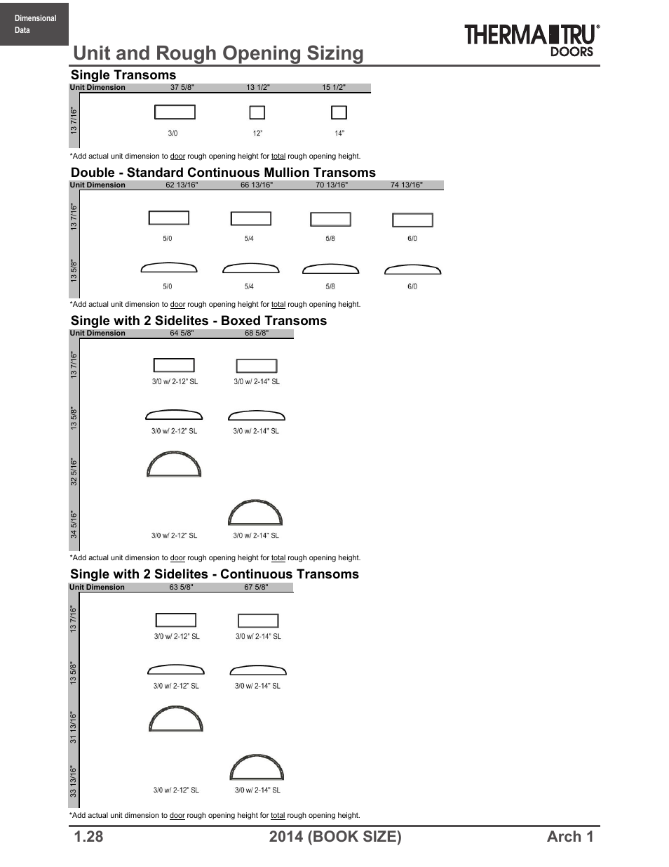 Unit and rough opening sizing, Single transoms, Single with 2 sidelites - boxed transoms | Therma-Tru ARCH 1 Dimensional Data - Book Size User Manual | Page 28 / 76