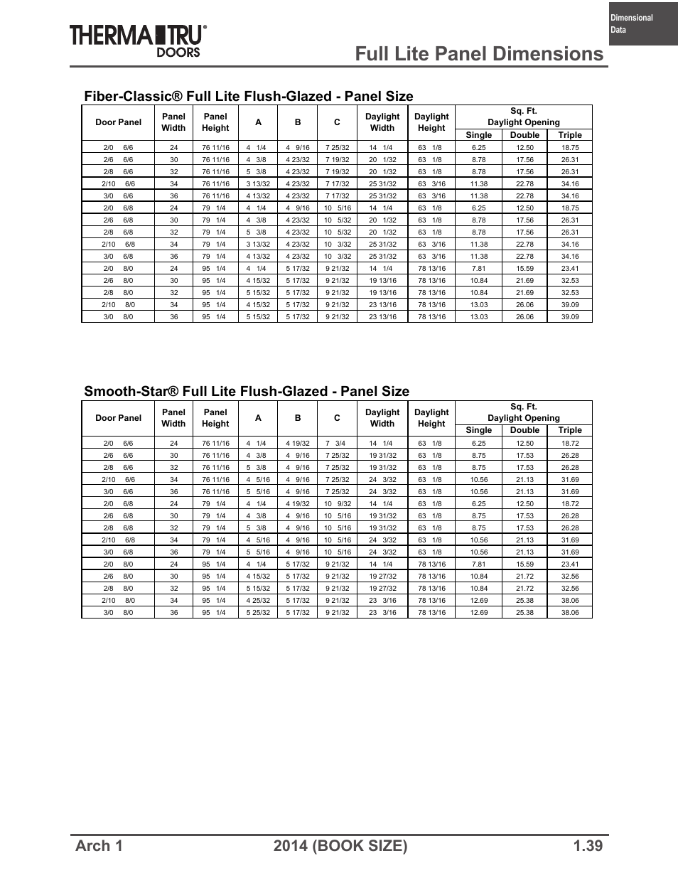 Full lite panel dimensions, Fiber-classic® full lite flush-glazed - panel size, Smooth-star® full lite flush-glazed - panel size | Therma-Tru ARCH 1 Dimensional Data - Book Size User Manual | Page 39 / 76