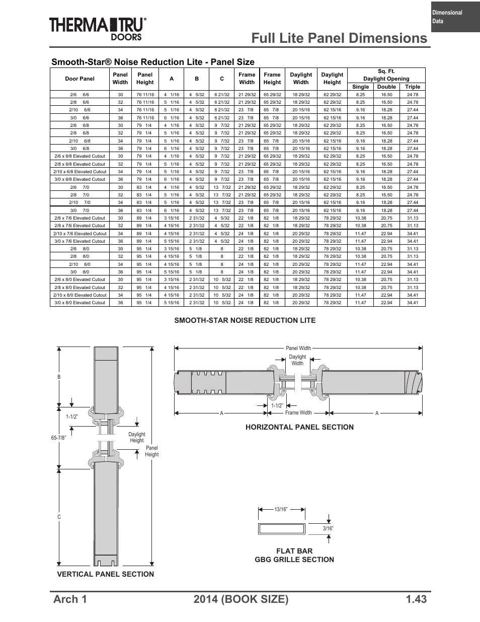 Full lite panel dimensions, Smooth-star® noise reduction lite - panel size, Dimensional data | Therma-Tru ARCH 1 Dimensional Data - Book Size User Manual | Page 43 / 76