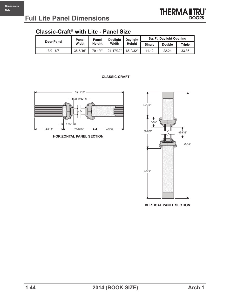 Full lite panel dimensions, Classic-craft, With lite - panel size | Therma-Tru ARCH 1 Dimensional Data - Book Size User Manual | Page 44 / 76