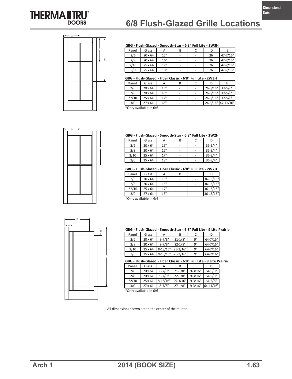 6/8 flush-glazed grille locations | Therma-Tru ARCH 1 Dimensional Data - Book Size User Manual | Page 63 / 76