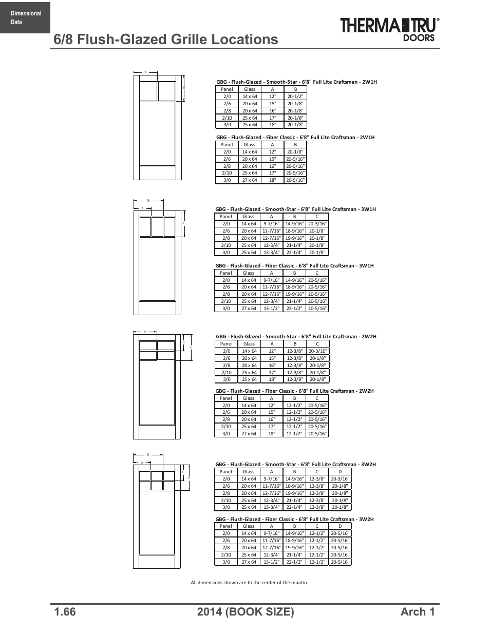 6/8 flush-glazed grille locations | Therma-Tru ARCH 1 Dimensional Data - Book Size User Manual | Page 66 / 76