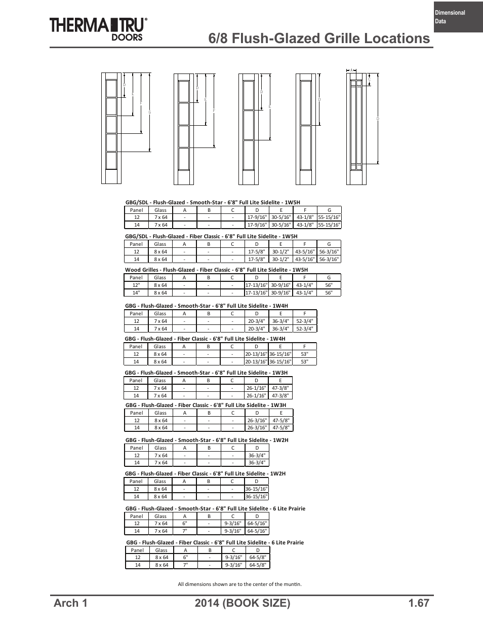 6/8 flush-glazed grille locations | Therma-Tru ARCH 1 Dimensional Data - Book Size User Manual | Page 67 / 76