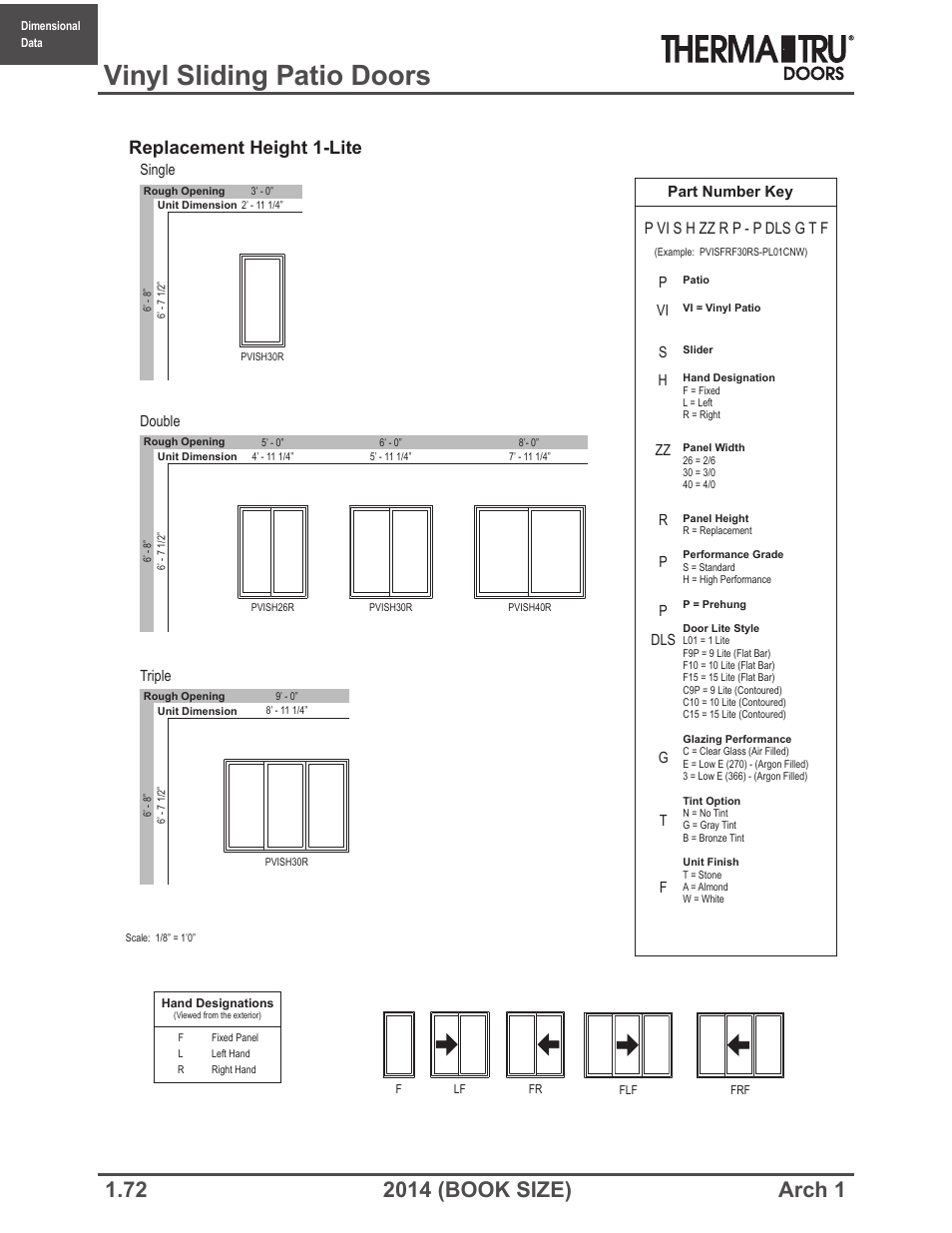 Vinyl sliding patio doors, Replacement height 1-lite, P vi s h zz r p - p dls g t f | Therma-Tru ARCH 1 Dimensional Data - Book Size User Manual | Page 72 / 76