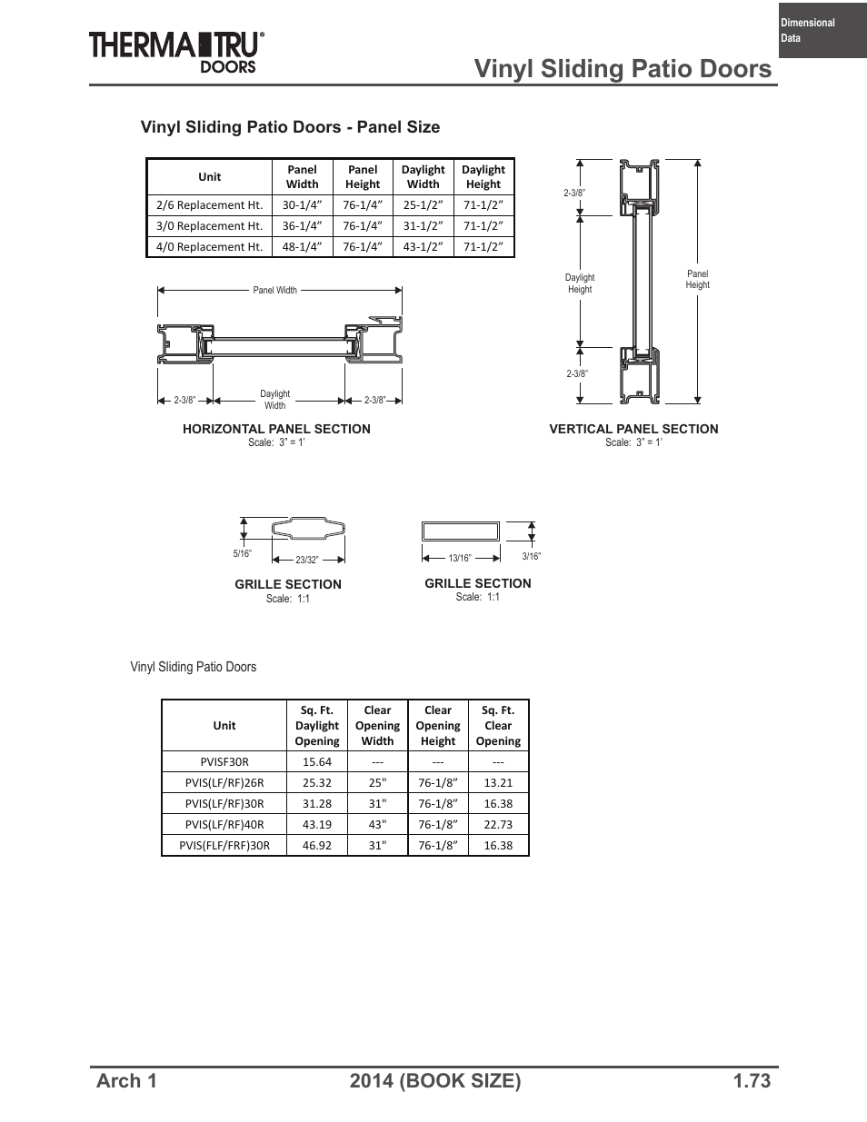 Vinyl sliding patio doors, Vinyl sliding patio doors - panel size | Therma-Tru ARCH 1 Dimensional Data - Book Size User Manual | Page 73 / 76
