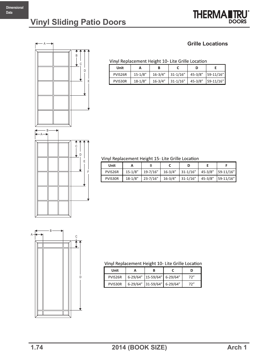 Vinyl sliding patio doors, Grille locations | Therma-Tru ARCH 1 Dimensional Data - Book Size User Manual | Page 74 / 76