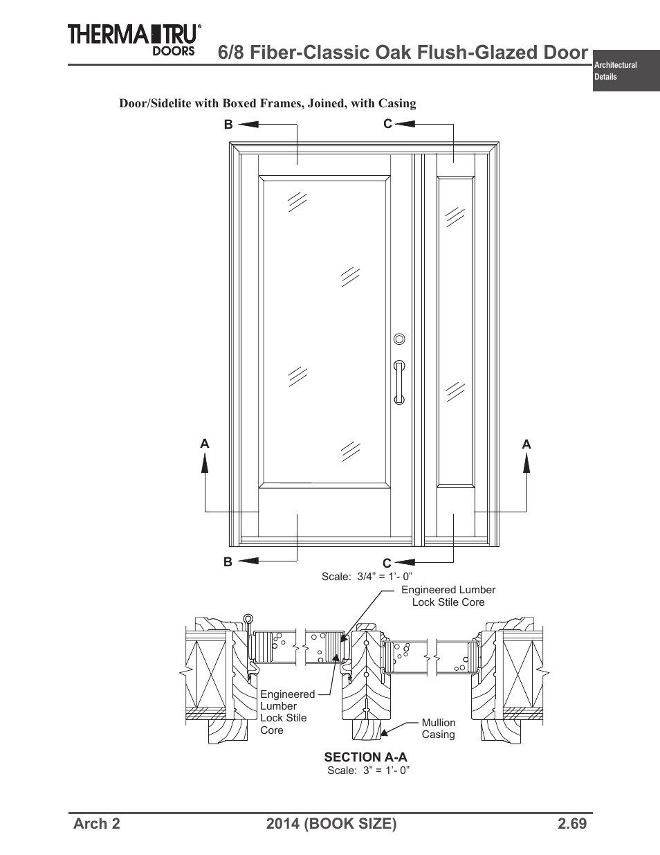 6/8 fiber-classic oak flush-glazed door | Therma-Tru ARCH 2 Architectural Details - Book Size User Manual | Page 69 / 99