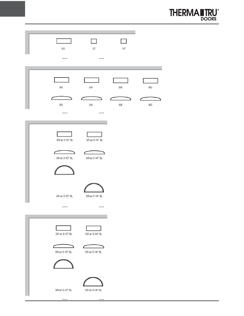 Unit and rough opening sizing, Single transoms, Double - standard continuous mullion transoms | Single with 2 sidelites - continuous transoms, Single with 2 sidelites - boxed transoms | Therma-Tru ARCH 1 Dimensional Data - U1 Revised User Manual | Page 28 / 70