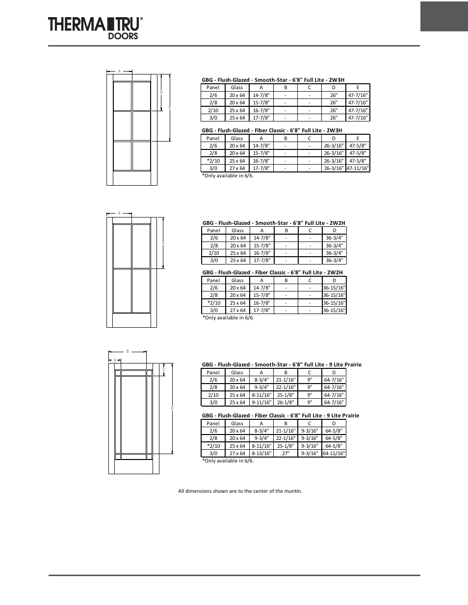 6/8 flush-glazed grille locations | Therma-Tru ARCH 1 Dimensional Data - U1 Revised User Manual | Page 63 / 70