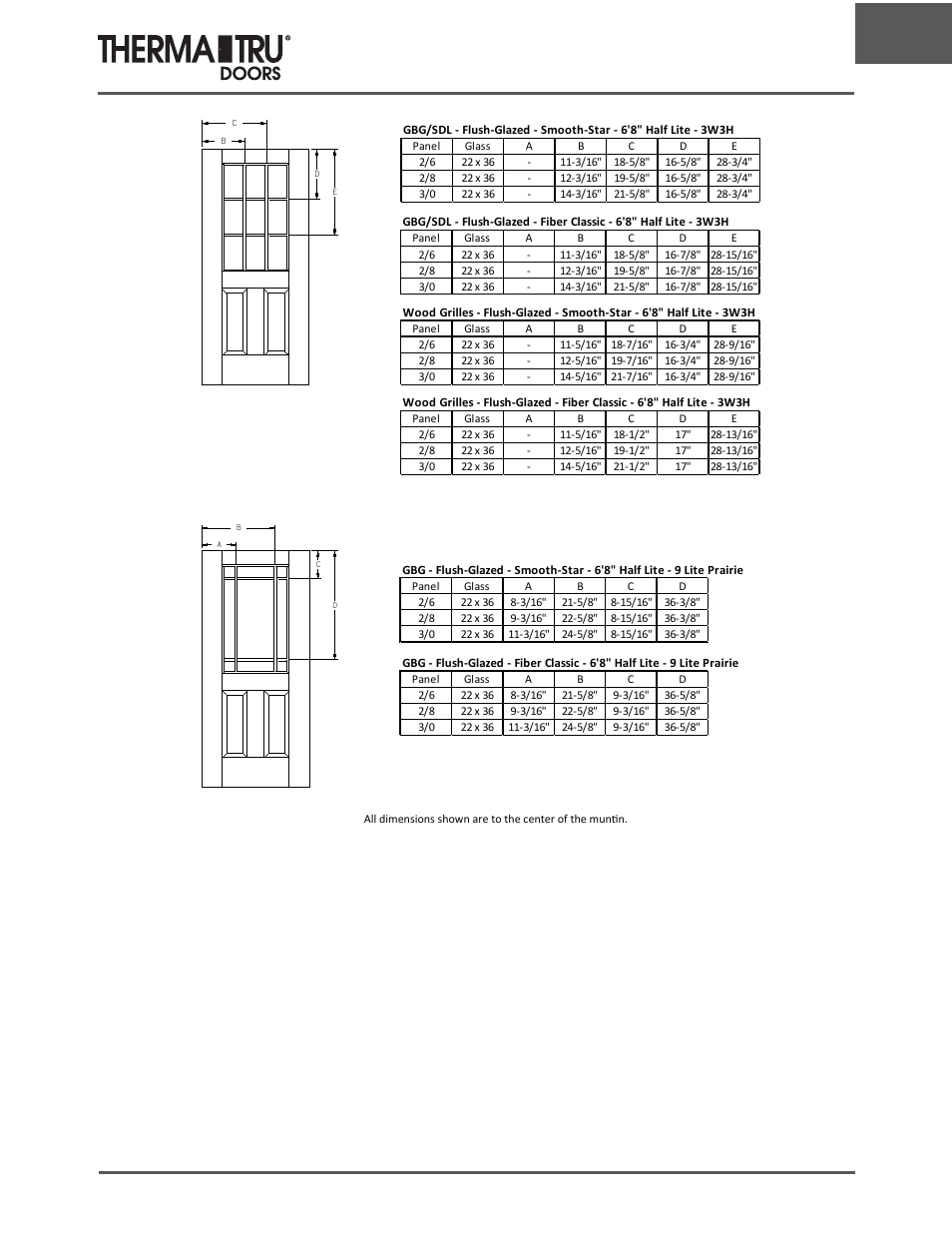 6/8 flush-glazed grille locations | Therma-Tru ARCH 1 Dimensional Data - U1 Revised User Manual | Page 65 / 70