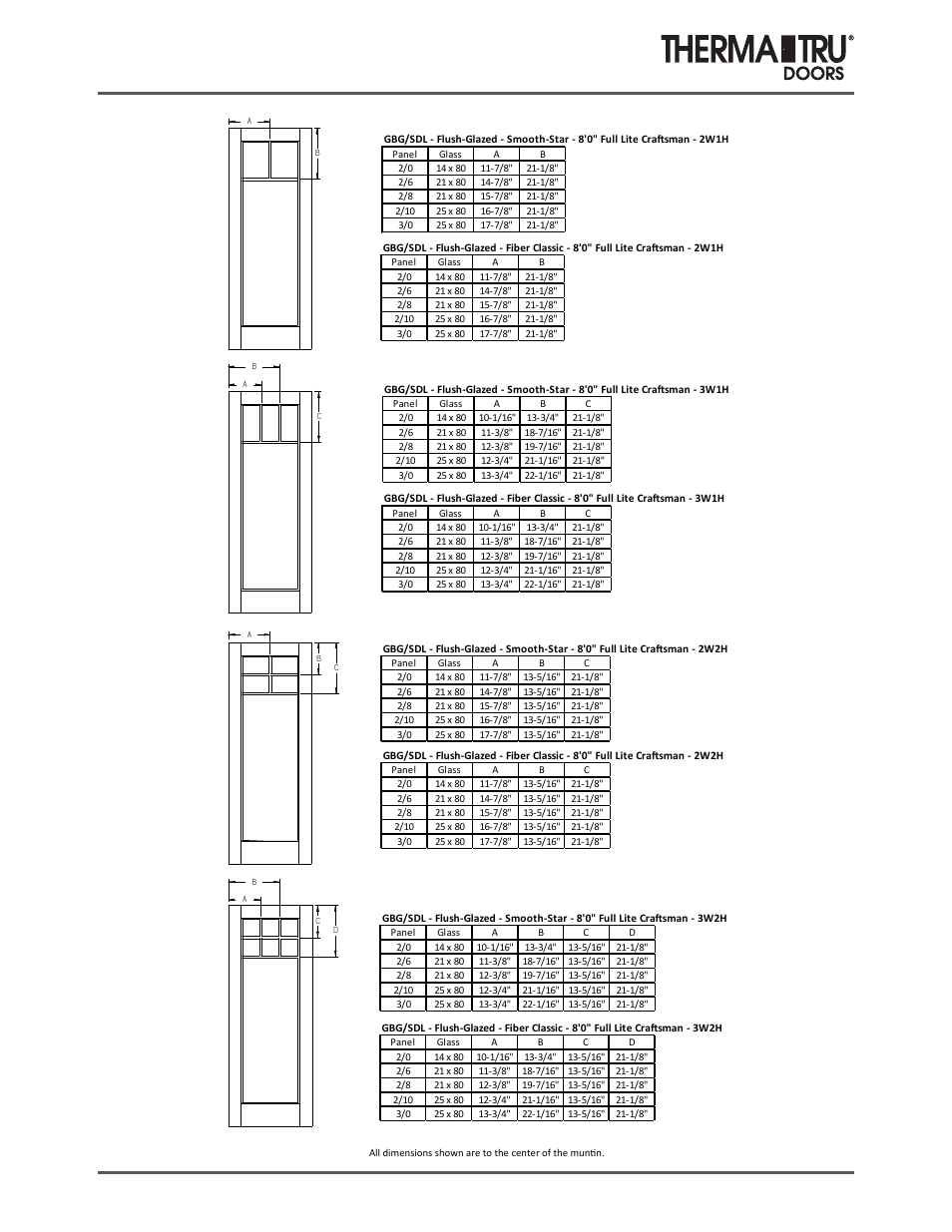 8/0 flush-glazed grille locations | Therma-Tru ARCH 1 Dimensional Data - U1 Revised User Manual | Page 70 / 70