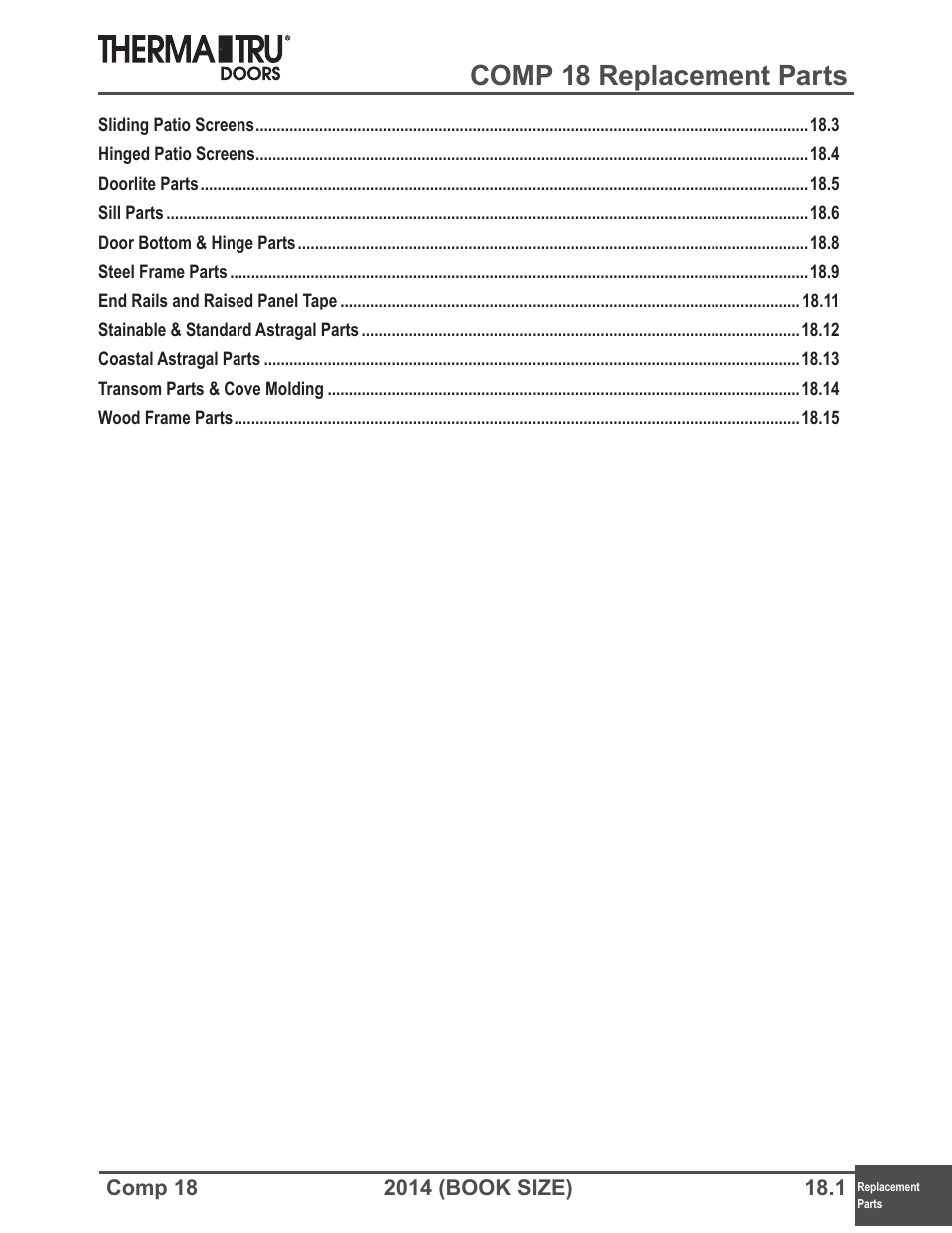 Therma-Tru COMP 18 Replacement Parts - Book Size User Manual | 15 pages