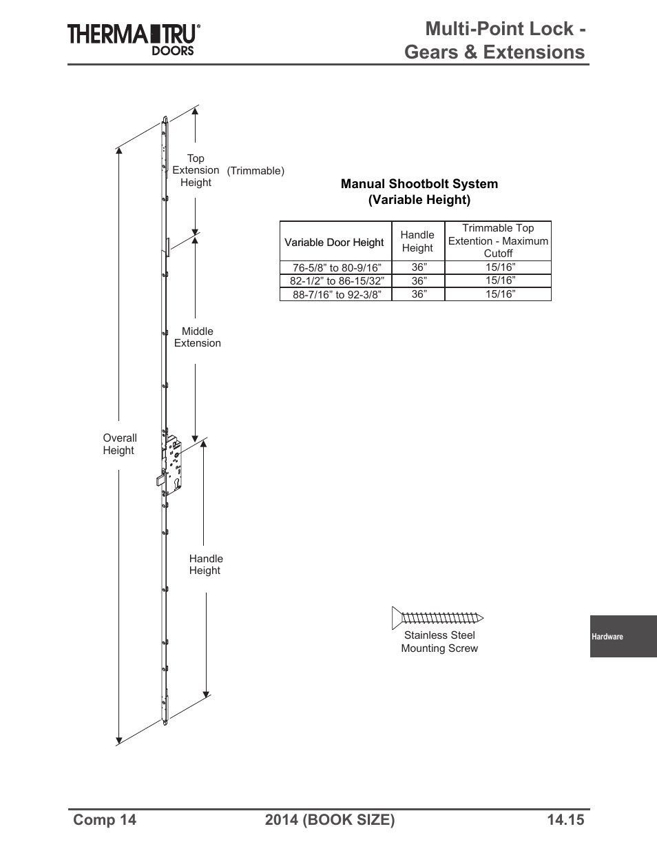 Multi-point lock - gears & extensions | Therma-Tru COMP 14 Hardware - Book Size User Manual | Page 15 / 24