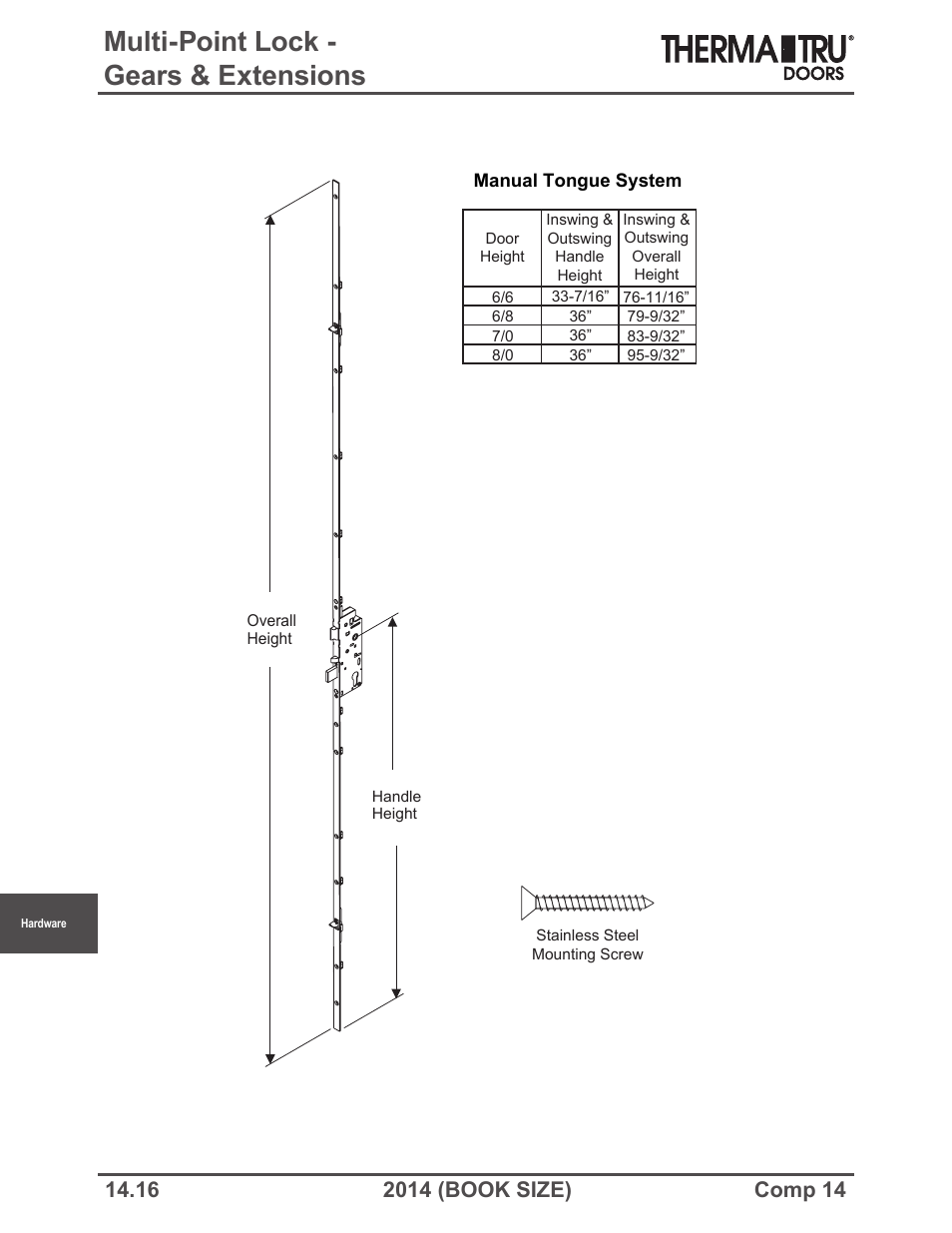 Multi-point lock - gears & extensions | Therma-Tru COMP 14 Hardware - Book Size User Manual | Page 16 / 24