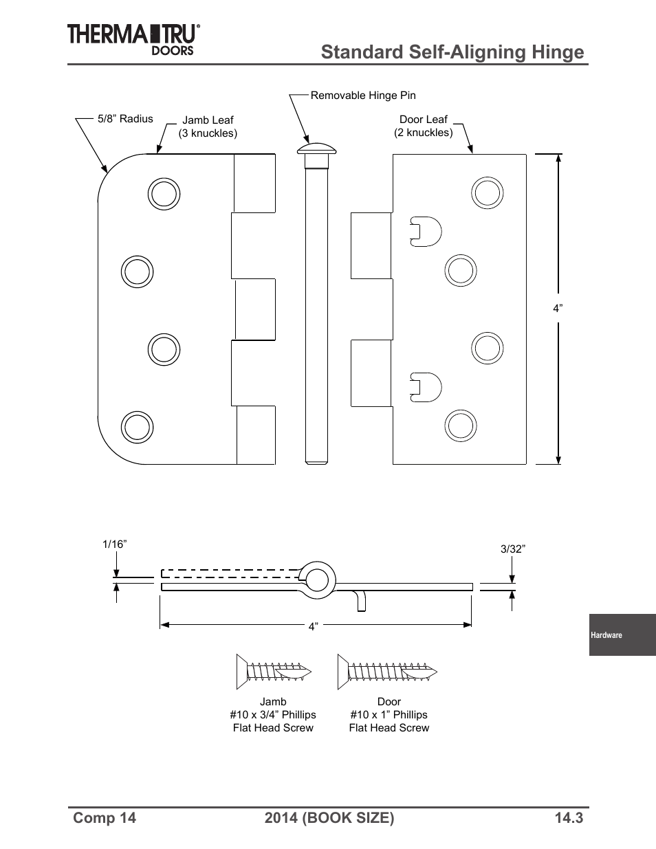 Standard self-aligning hinge | Therma-Tru COMP 14 Hardware - Book Size User Manual | Page 3 / 24