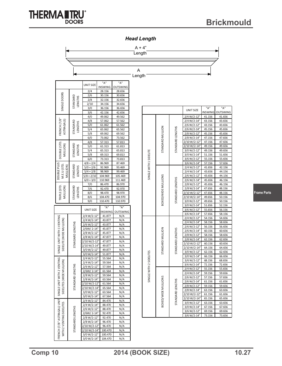 Brickmould, Head length, Length a length a + 4 | Therma-Tru COMP 10 Frame Parts - Book Size User Manual | Page 27 / 34