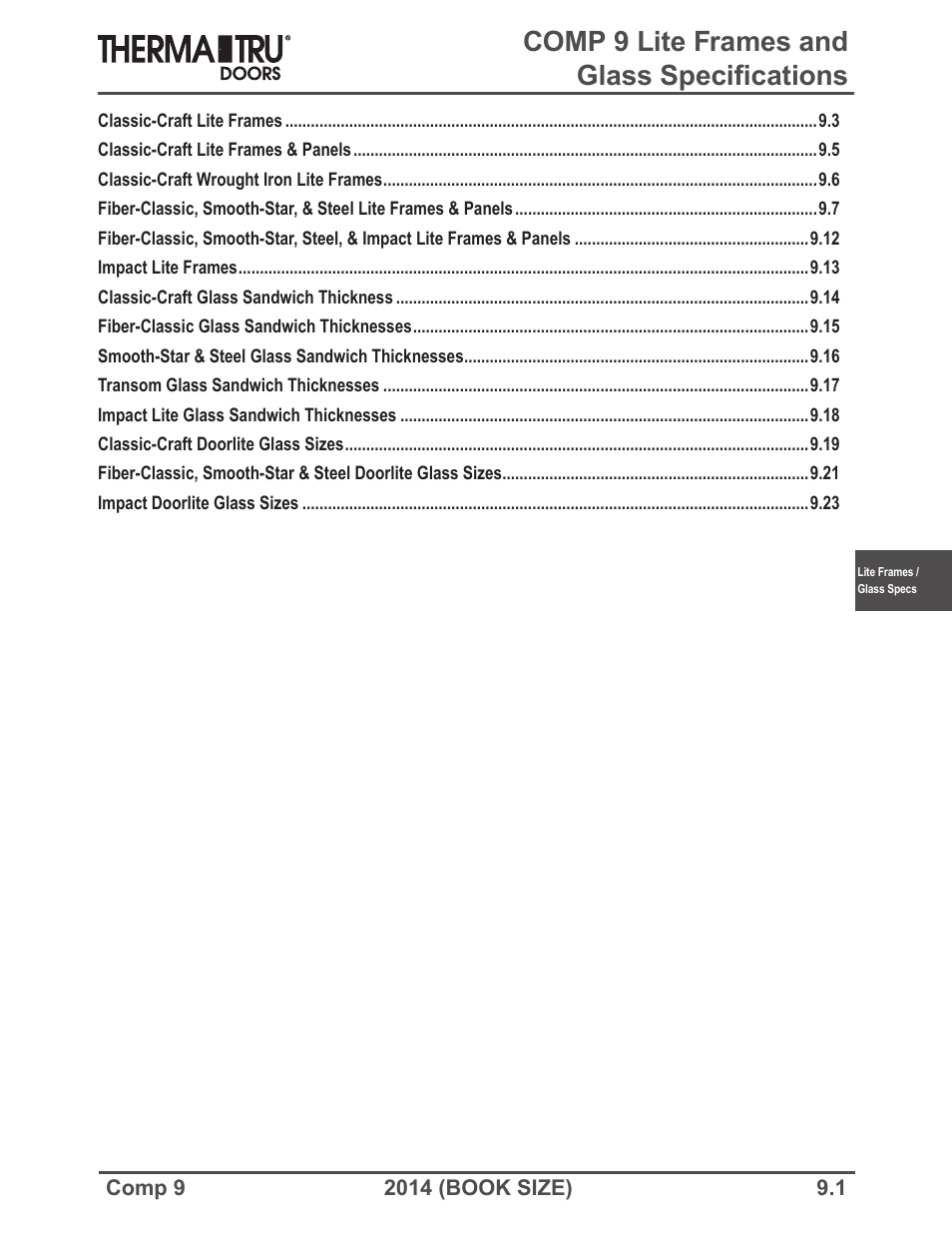 Therma-Tru COMP 9 Lite Frames and Glass Specifications - Book Size User Manual | 24 pages