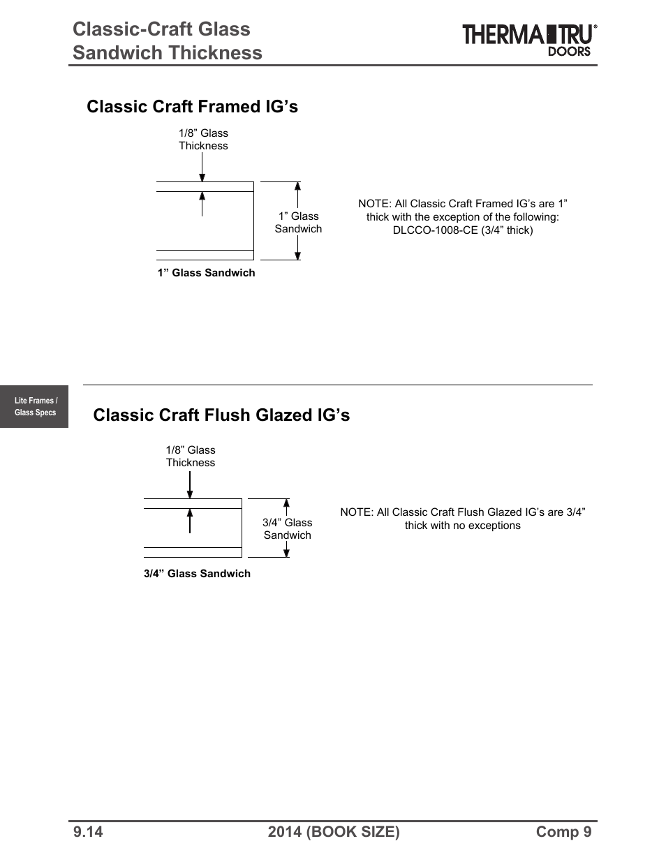 Classic-craft glass sandwich thickness, Classic craft framed ig’s, Classic craft flush glazed ig’s | Therma-Tru COMP 9 Lite Frames and Glass Specifications - Book Size User Manual | Page 14 / 24