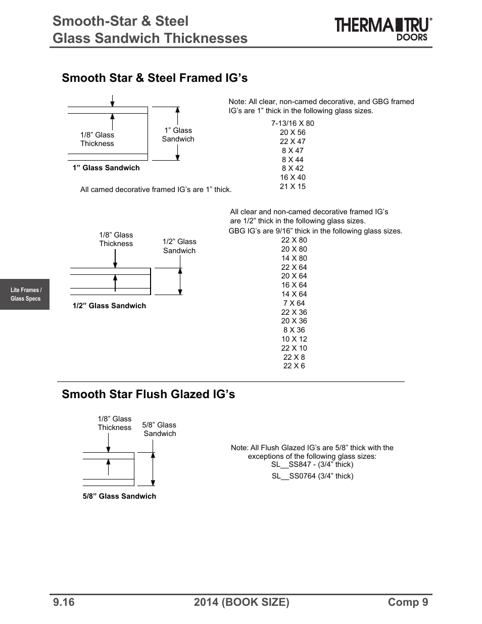 Smooth-star & steel glass sandwich thicknesses, Smooth star & steel framed ig’s, Smooth star flush glazed ig’s | Therma-Tru COMP 9 Lite Frames and Glass Specifications - Book Size User Manual | Page 16 / 24
