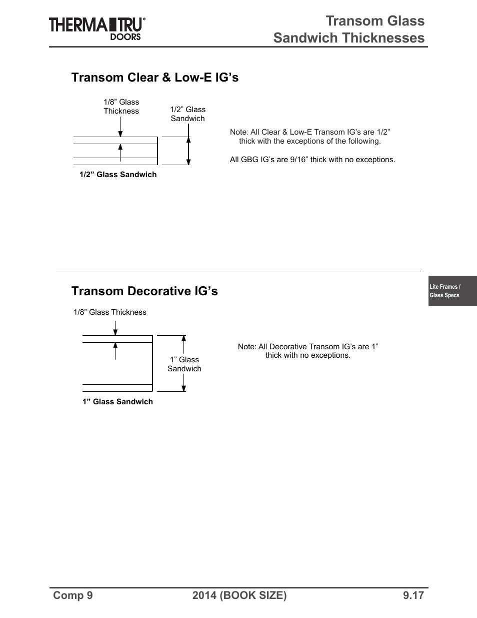 Transom glass sandwich thicknesses, Transom clear & low-e ig’s, Transom decorative ig’s | Therma-Tru COMP 9 Lite Frames and Glass Specifications - Book Size User Manual | Page 17 / 24