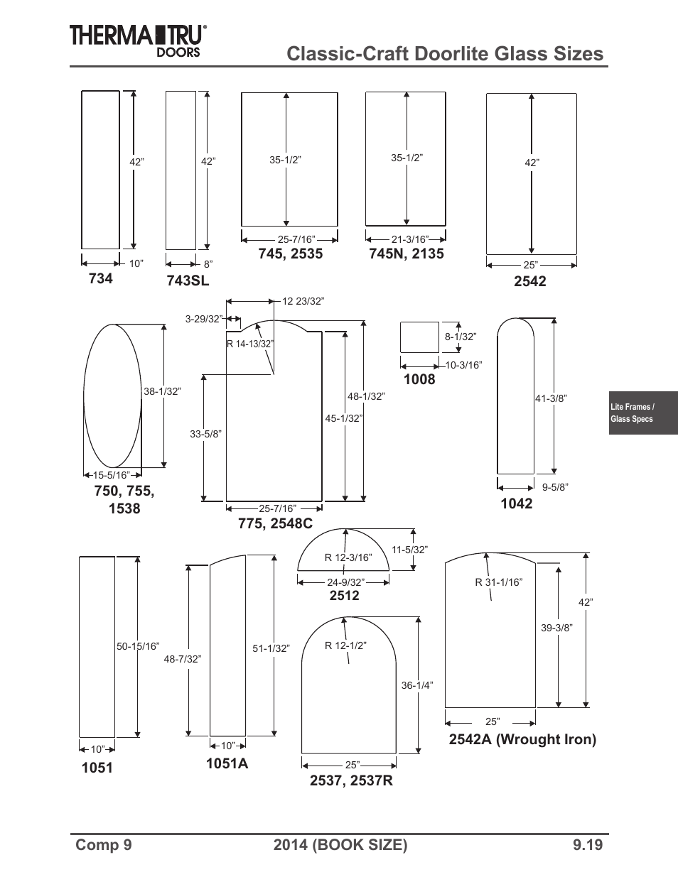 Classic-craft doorlite glass sizes, 743sl, 1051a | Therma-Tru COMP 9 Lite Frames and Glass Specifications - Book Size User Manual | Page 19 / 24