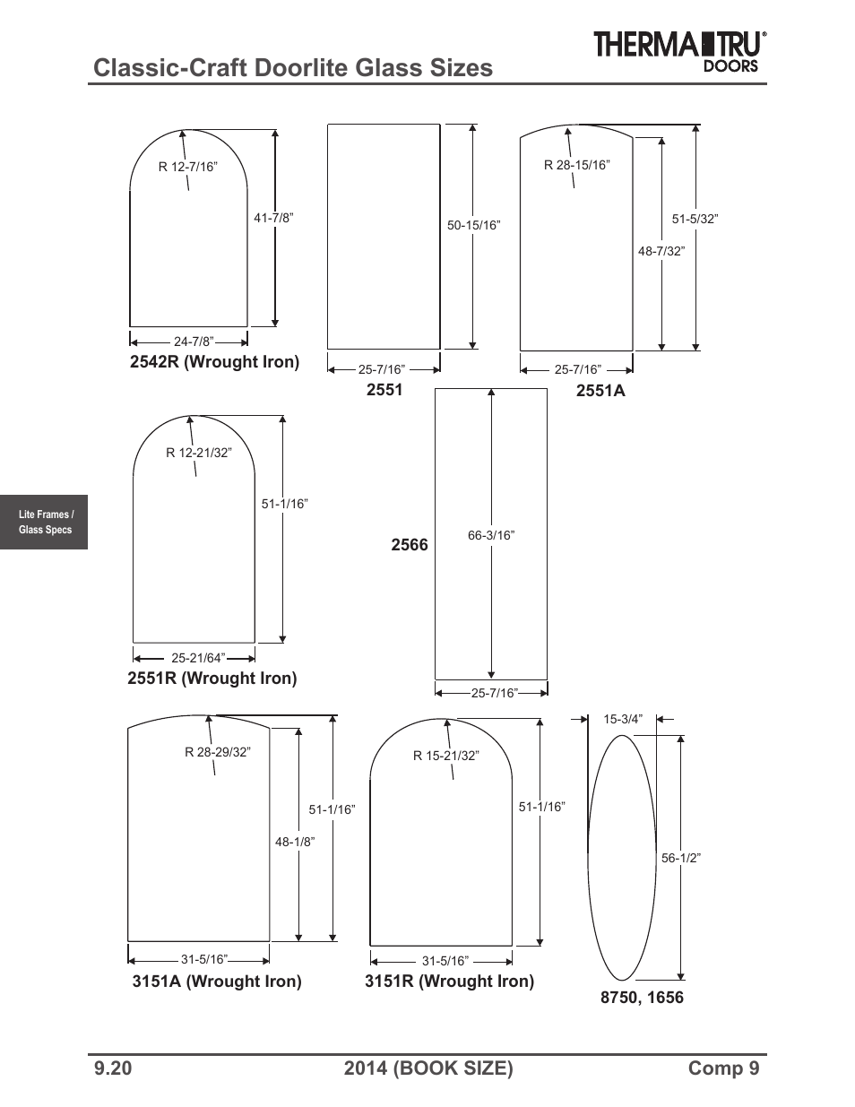 Classic-craft doorlite glass sizes | Therma-Tru COMP 9 Lite Frames and Glass Specifications - Book Size User Manual | Page 20 / 24