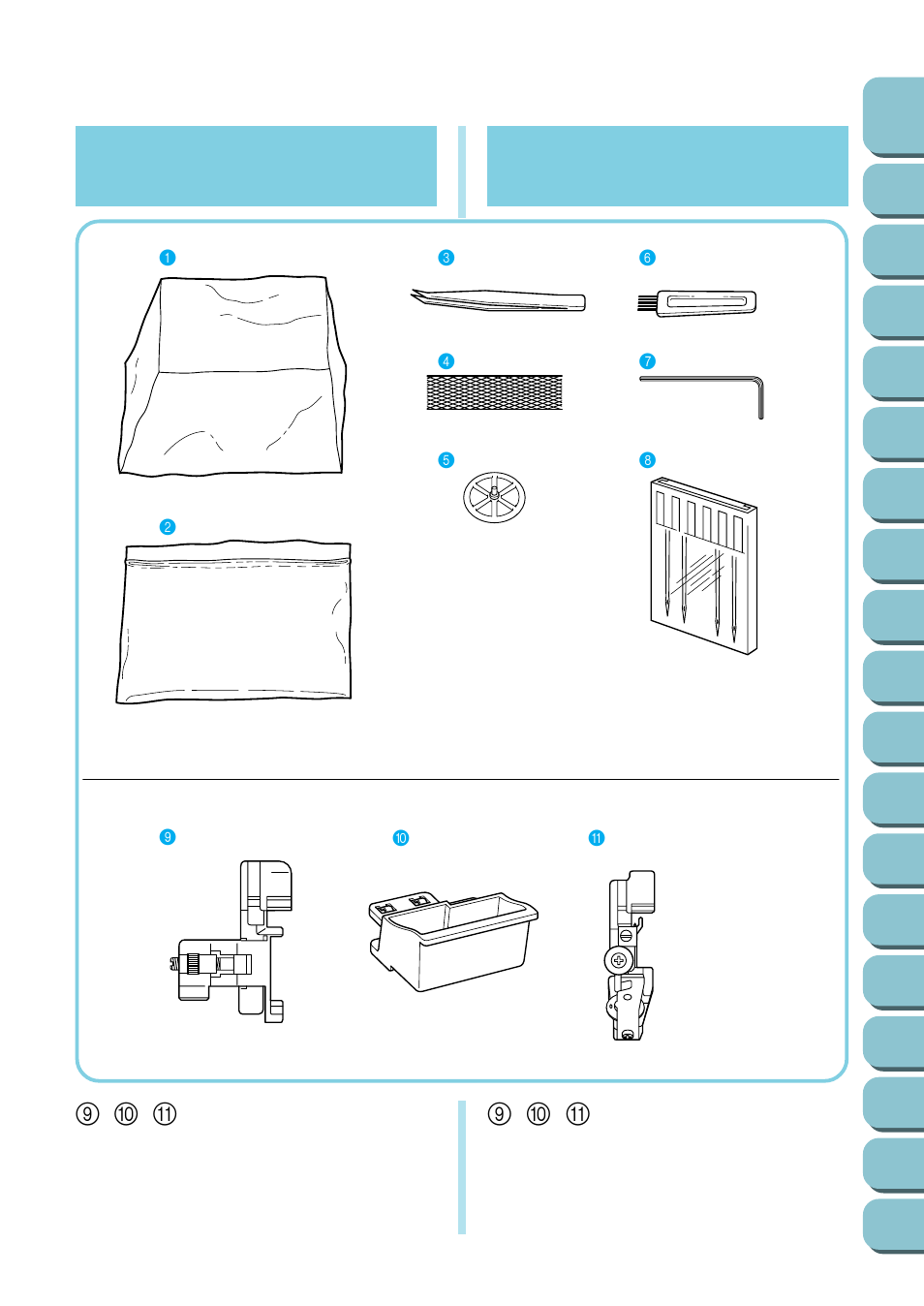 Accessories included with your serger, Accesorios incluidos con la máquina de coser, 18 accessories included with your serger | Optativo, 9, 0 , a option, 9, 0 , a | Brother UM 103D User Manual | Page 10 / 68