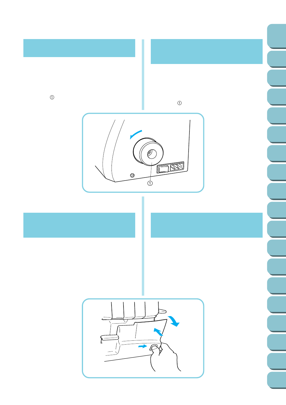 Turning direction of motor, Opening and closing the front cover, Para cambiar la dirección del motor | Abre y cierre de la tapa delantera, 18 turning direction of motor | Brother UM 103D User Manual | Page 14 / 68