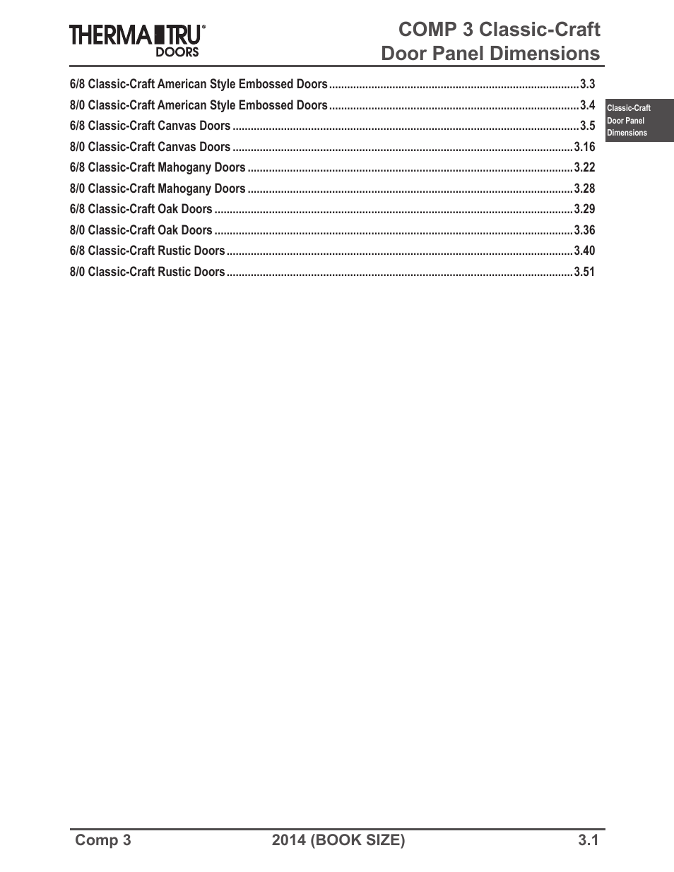 Therma-Tru COMP 3 Classic-Craft Door Panel Dimensions - Book Size User Manual | 68 pages