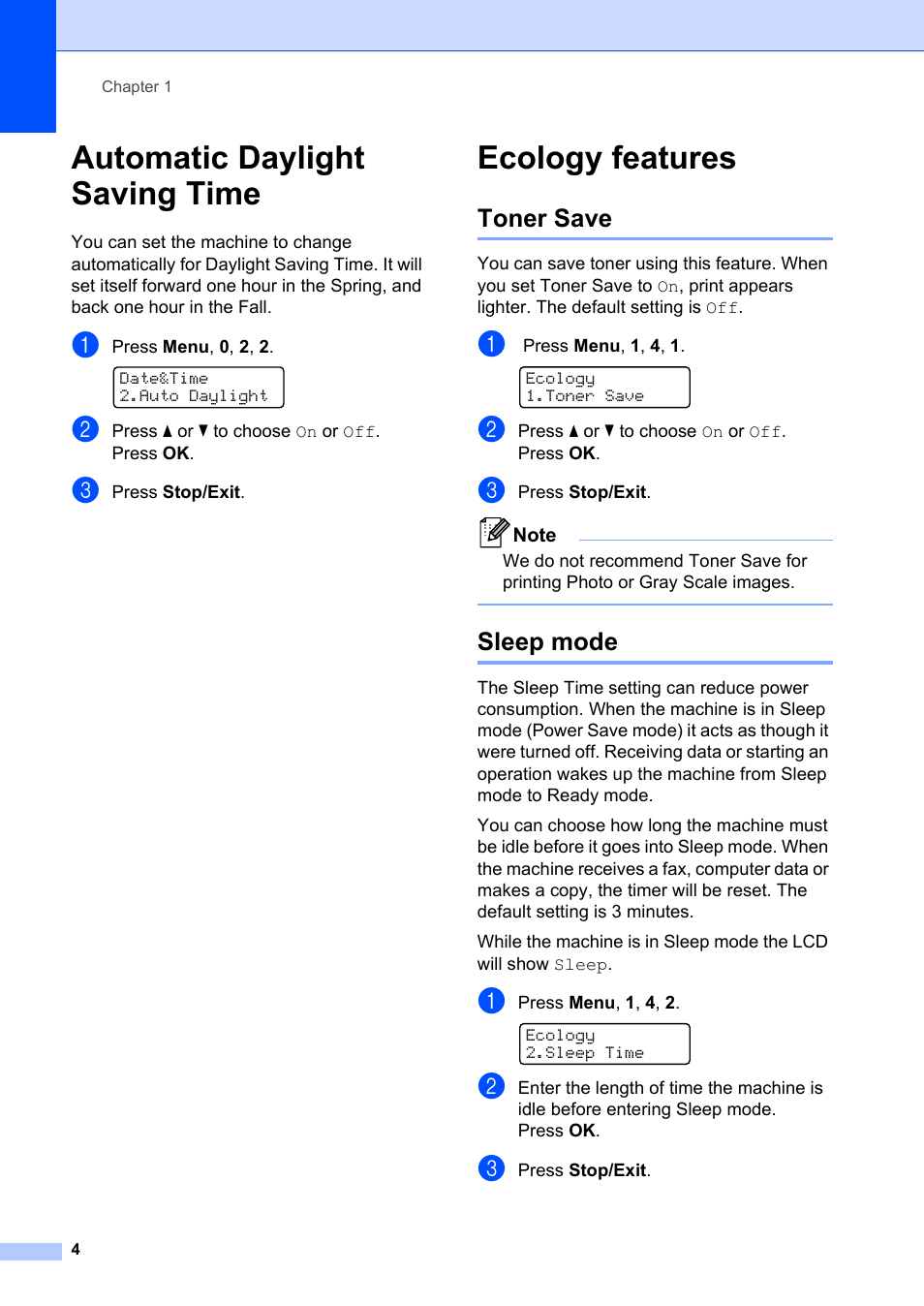 Automatic daylight saving time, Ecology features, Toner save | Sleep mode, Automatic daylight saving time ecology features, Toner save sleep mode | Brother FAX-2840 User Manual | Page 10 / 72