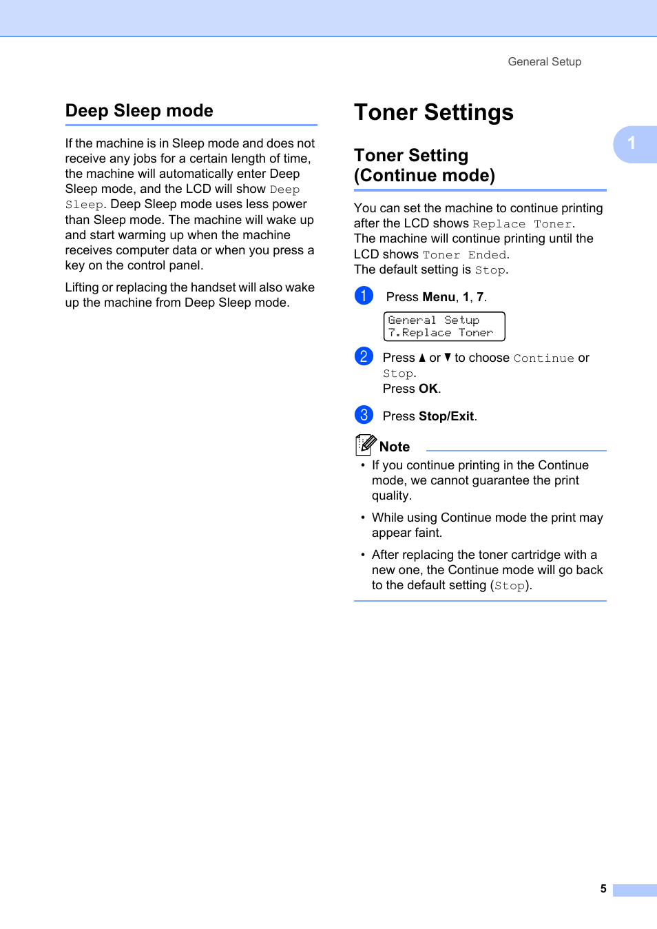 Deep sleep mode, Toner settings, Toner setting (continue mode) | Toner setting, Continue mode), 1deep sleep mode | Brother FAX-2840 User Manual | Page 11 / 72